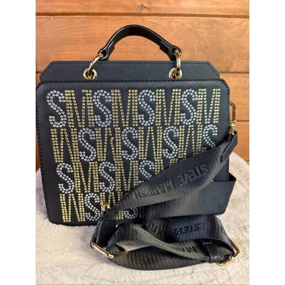 Steve Madden Bevelyn Rhinestone Crystal Logo Crossbody/Tote Black/Gold/Silver